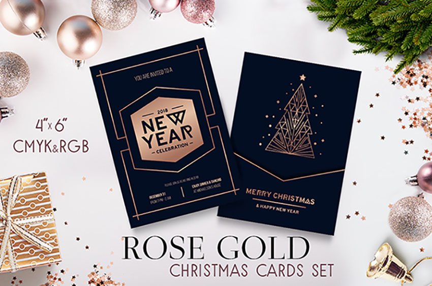 Rose Gold Merry Christmas Cards Set